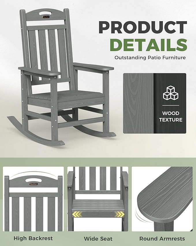 Oversized Outdoor Rocking Chair Set of 4, High Back Porch Rocker Chair, HDPE Rocking Chairs for Patio, Living Room, Light Grey