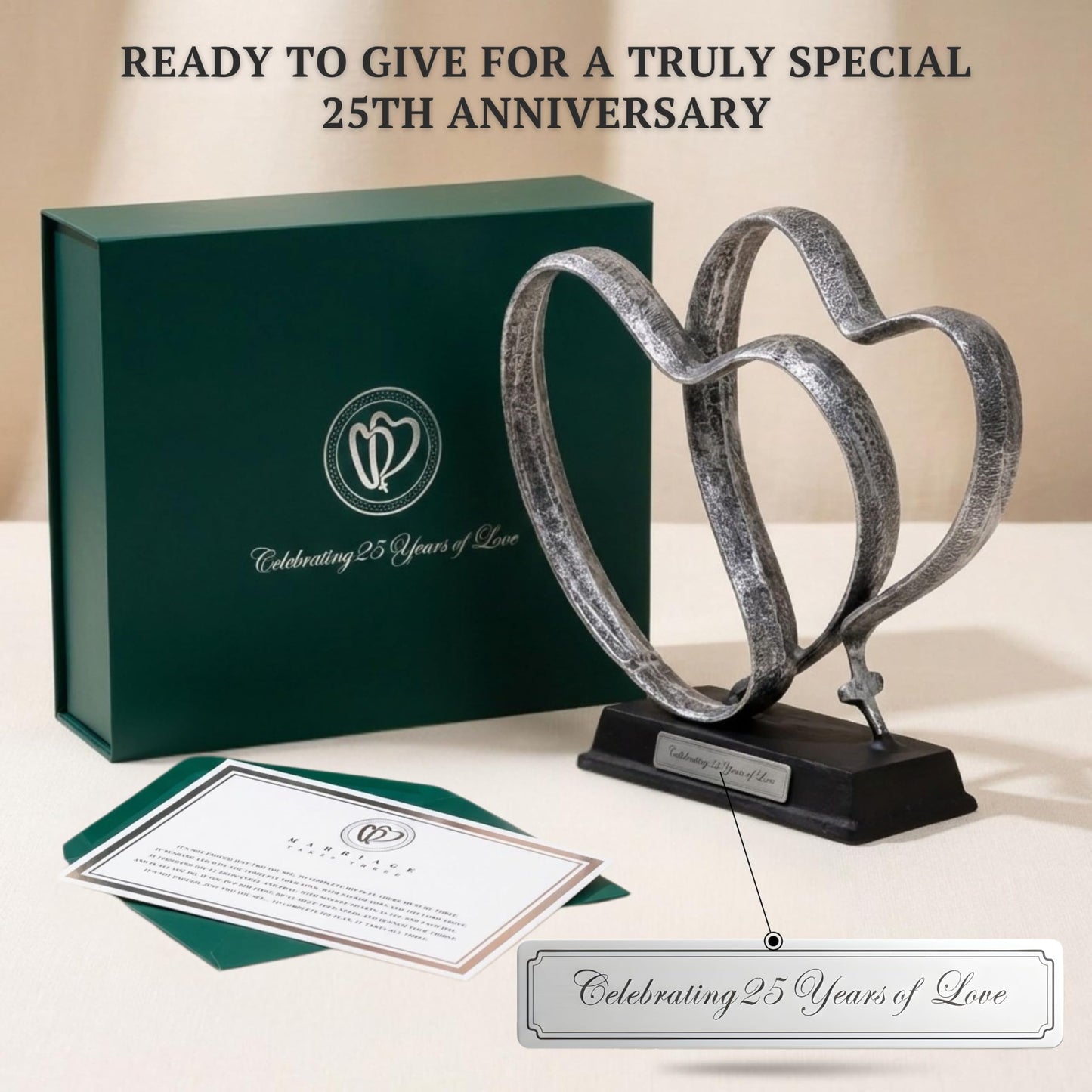 DCAPILLA 25th Anniversary Wedding Gifts – Two Hearts & Cross Keepsake - Ready-to-Gift Includes Present Box, Poem Card, and Engraved Plaque
