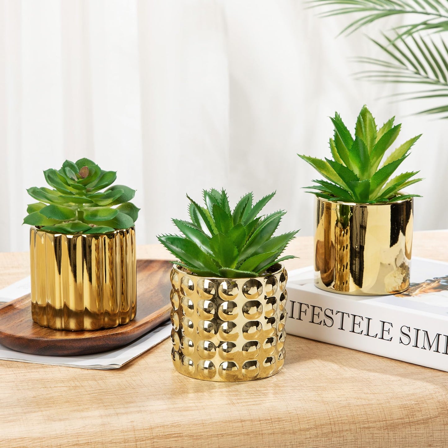 Briful Succulents Plants Artificial in Gold Ceramic Pots (Set of 3), Small Fake Plants for Home Office Desk Decor – Modern Mini Potted Succulents for Bathroom, Bedroom, Living Room Table, Shelf