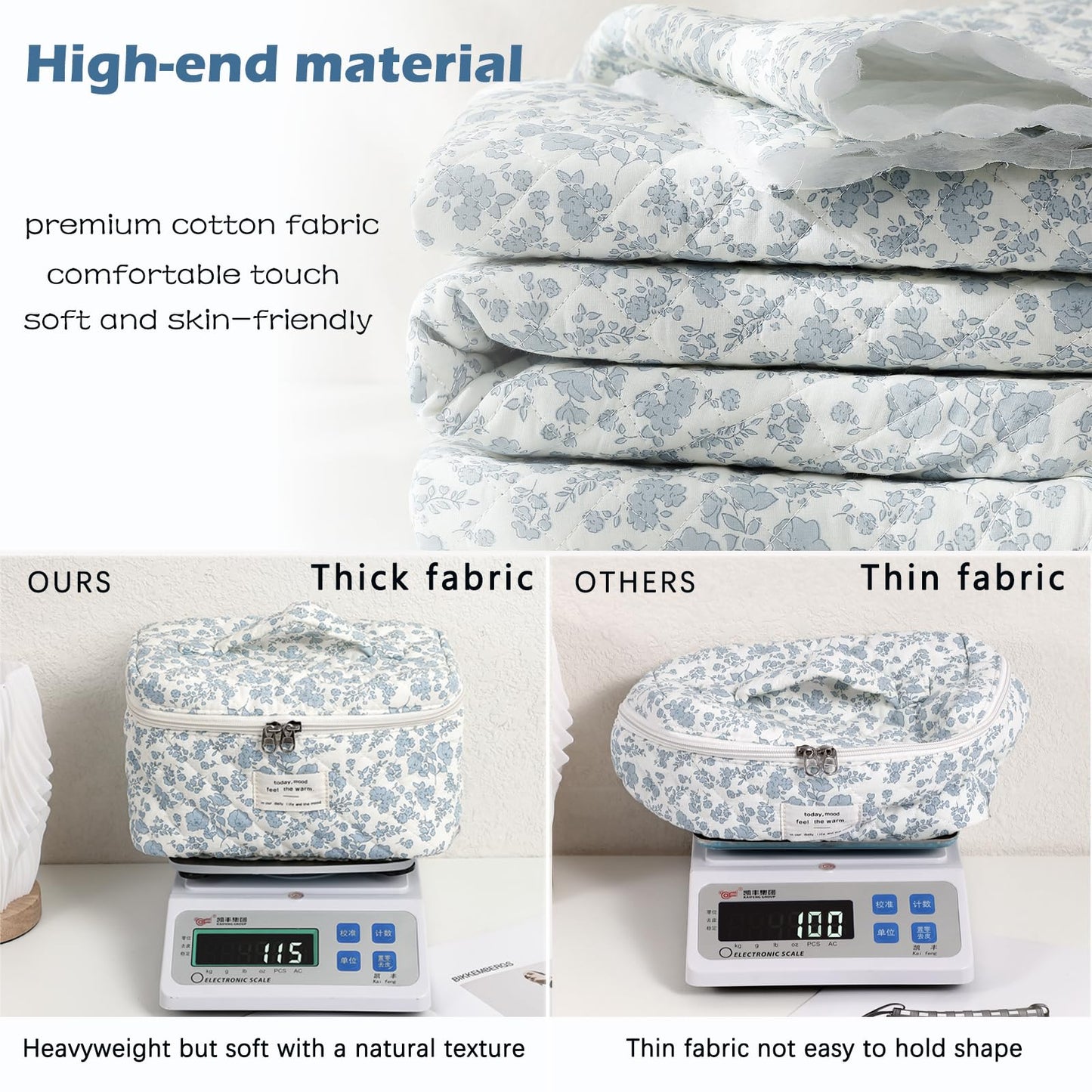 uekeboag Large Travel Quilted Makeup Bag for Women, Floral Cotton Cosmetic Bag, Coquette Aesthetic Floral Toiletry Organizer Bag (01Lithtblue-flower)