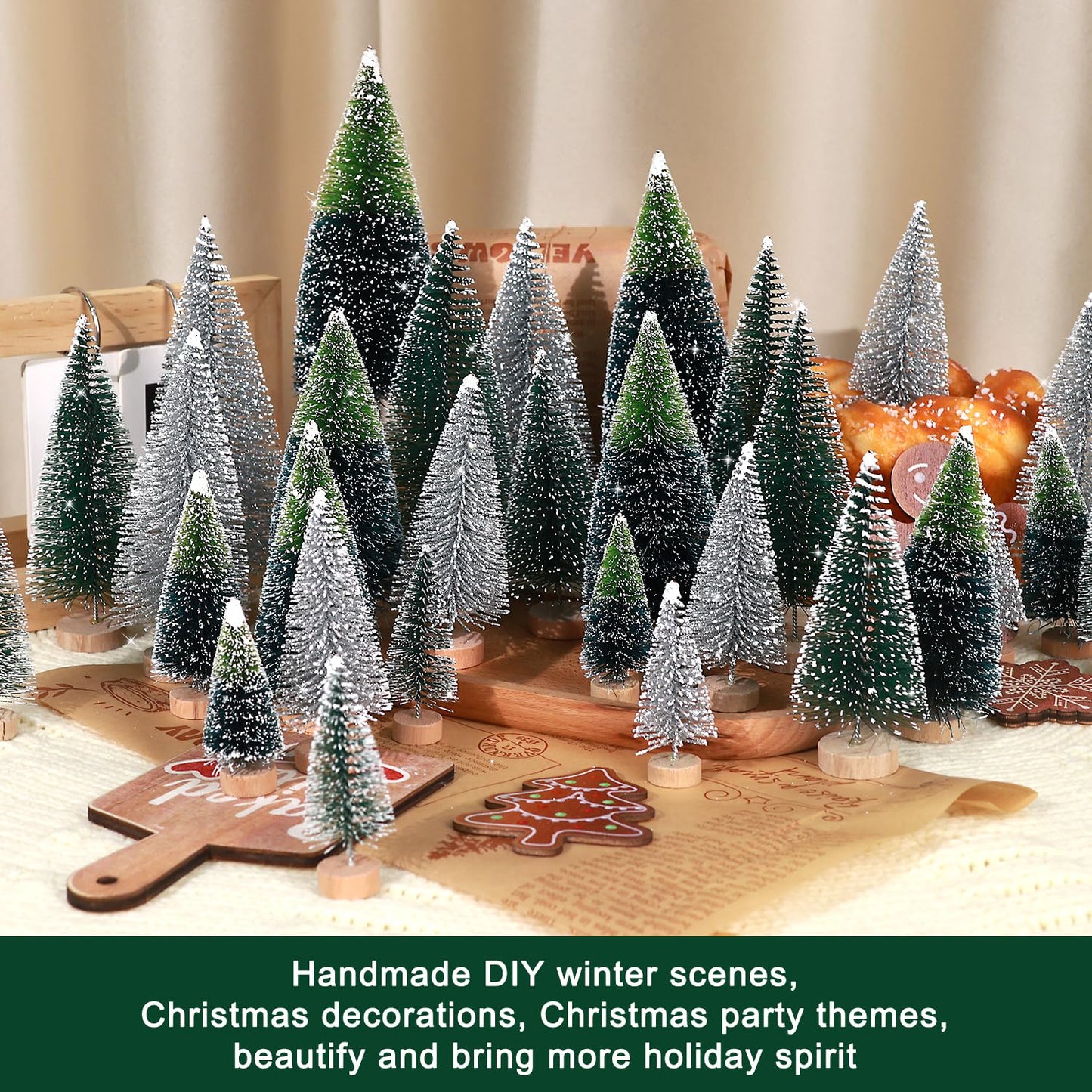30Pcs Mini Christmas Trees Artificial Christmas Tree Bottle Brush Trees with Wooden Base for Christmas Decor Christmas Party Home Table Craft Decorations(Dark Green+Silver)