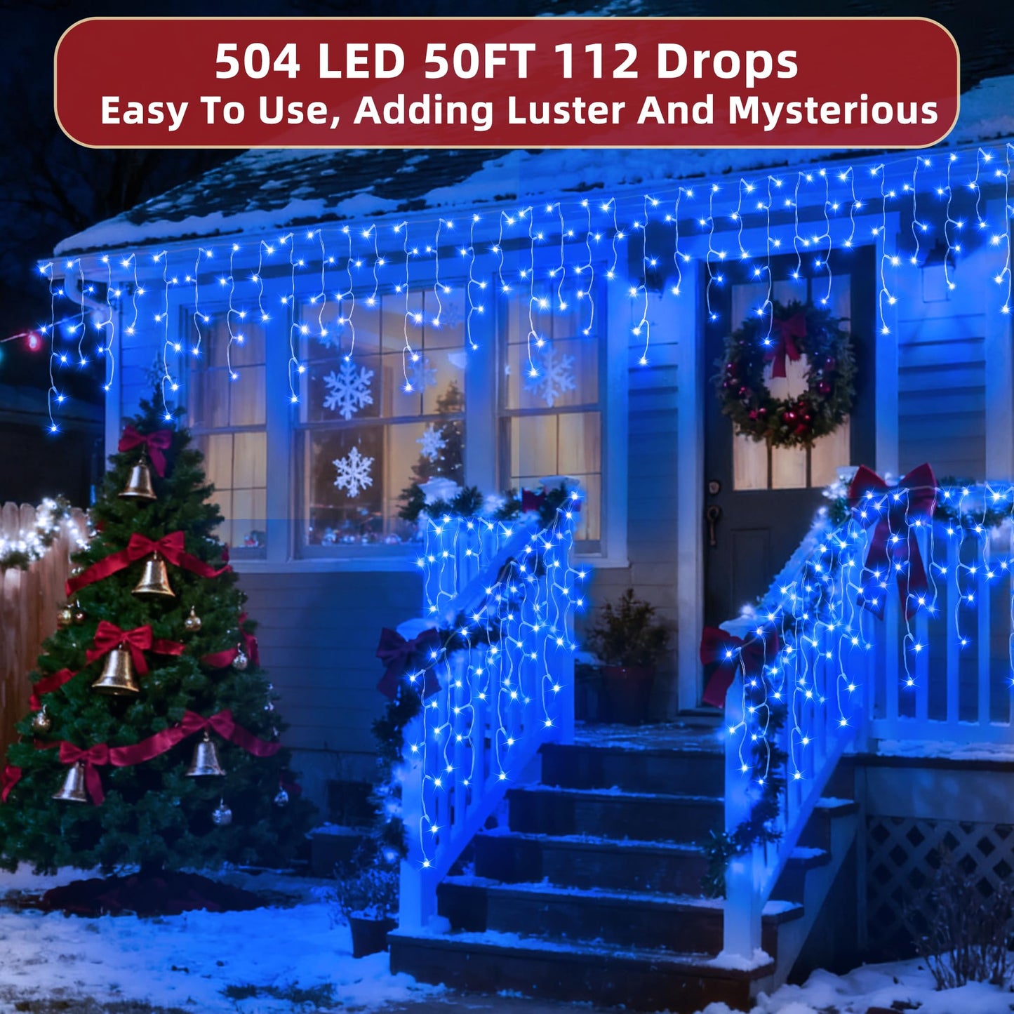 504 LED Christmas Lights Outdoor 50FT with 112 Drops, Christmas Decorations Hanging Lights 12 Modes, Dimmable Outsite Fairy String Lights for Wedding Party Holiday Winter Wonderland Decor Blue