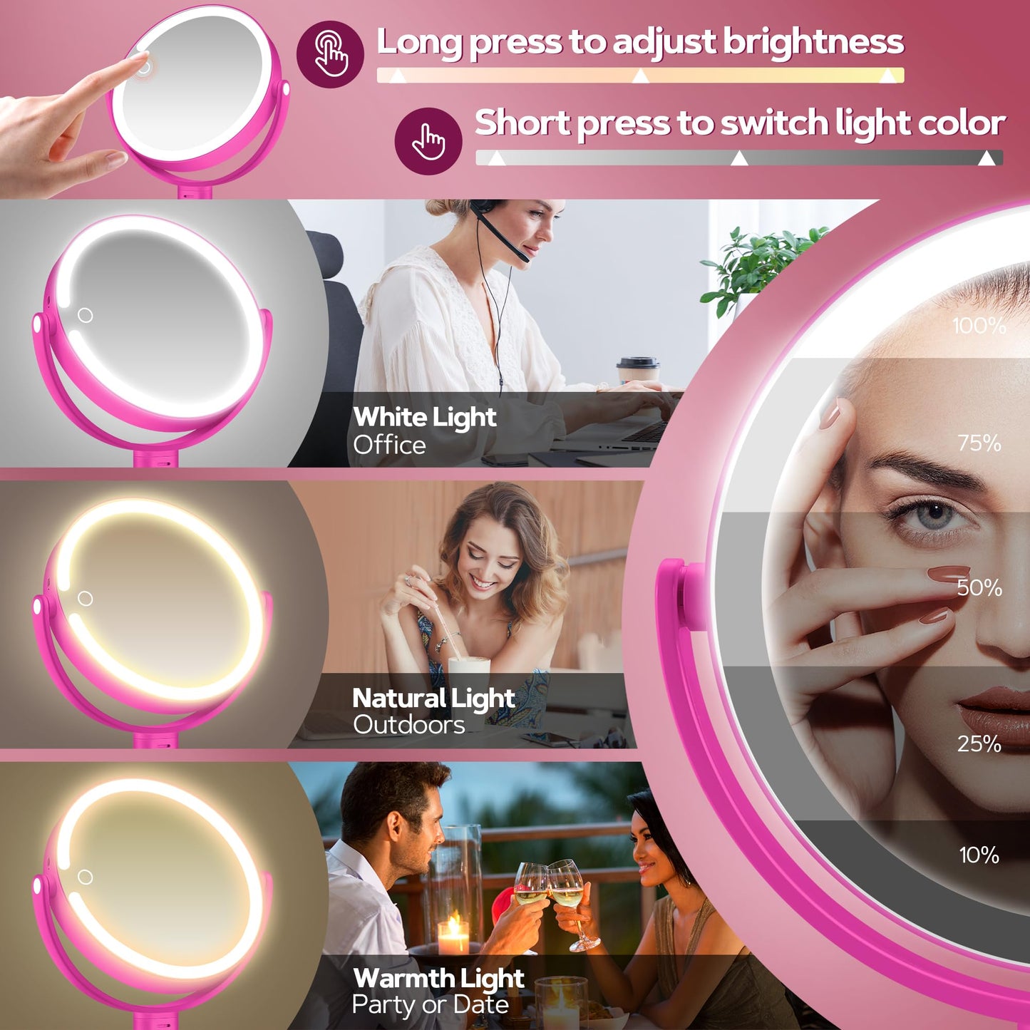B Beauty Planet Makeup Mirror with Lights, Lighted Magnifying Mirror 30X with 3 Lighting and Adjustable Brightness, 2-Sided Height Adjustable Vanity Mirror for Bathroom, Gifts for Women White
