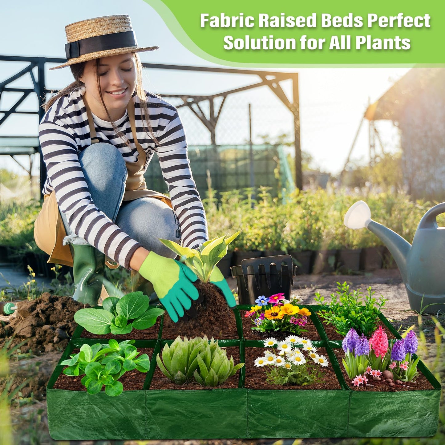 LifeisLuck Fabric Raised Garden Bed, 2 Pack 8 Grids and 4 Grids, 128 Gallon Rectangle Grow Bags with Drainage Holes, Breathable PE Planting Containers for Outdoor Vegetables Fruits Flowers