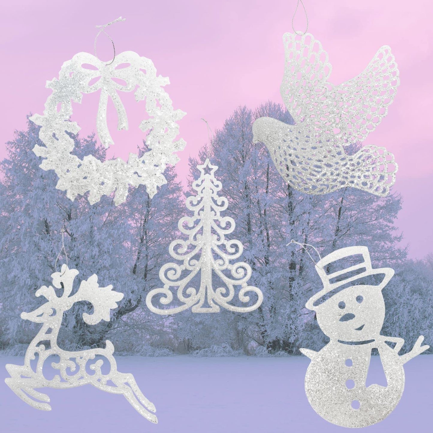 White Christmas Tree Ornaments Set of 5 – Large Glittered Holiday Decorations with Snowman, Reindeer, Dove, Wreath & Christmas Tree – 9” Shatterproof Hanging Ornaments for Winter & Farmhouse Décor