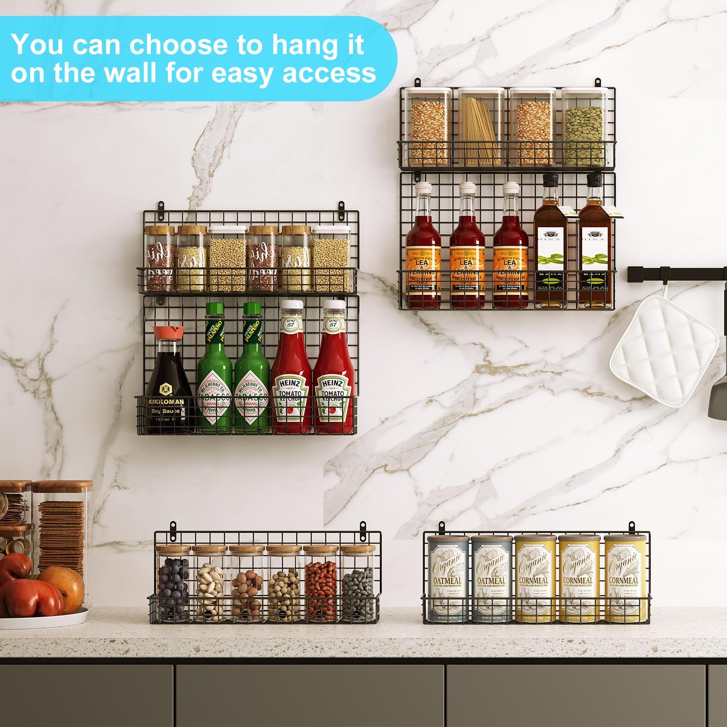 JKsmart 6-Tier Spice Rack Organizer with Door Hook, Wall Mounted & Over the Door Spice Racks for Kitchen Pantry Door Cabinet, Two Size, Large Capacity, Black