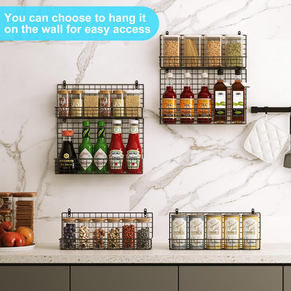 JKsmart 6-Tier Spice Rack Organizer with Door Hook, Wall Mounted & Over the Door Spice Racks for Kitchen Pantry Door Cabinet, Two Size, Large Capacity, Black