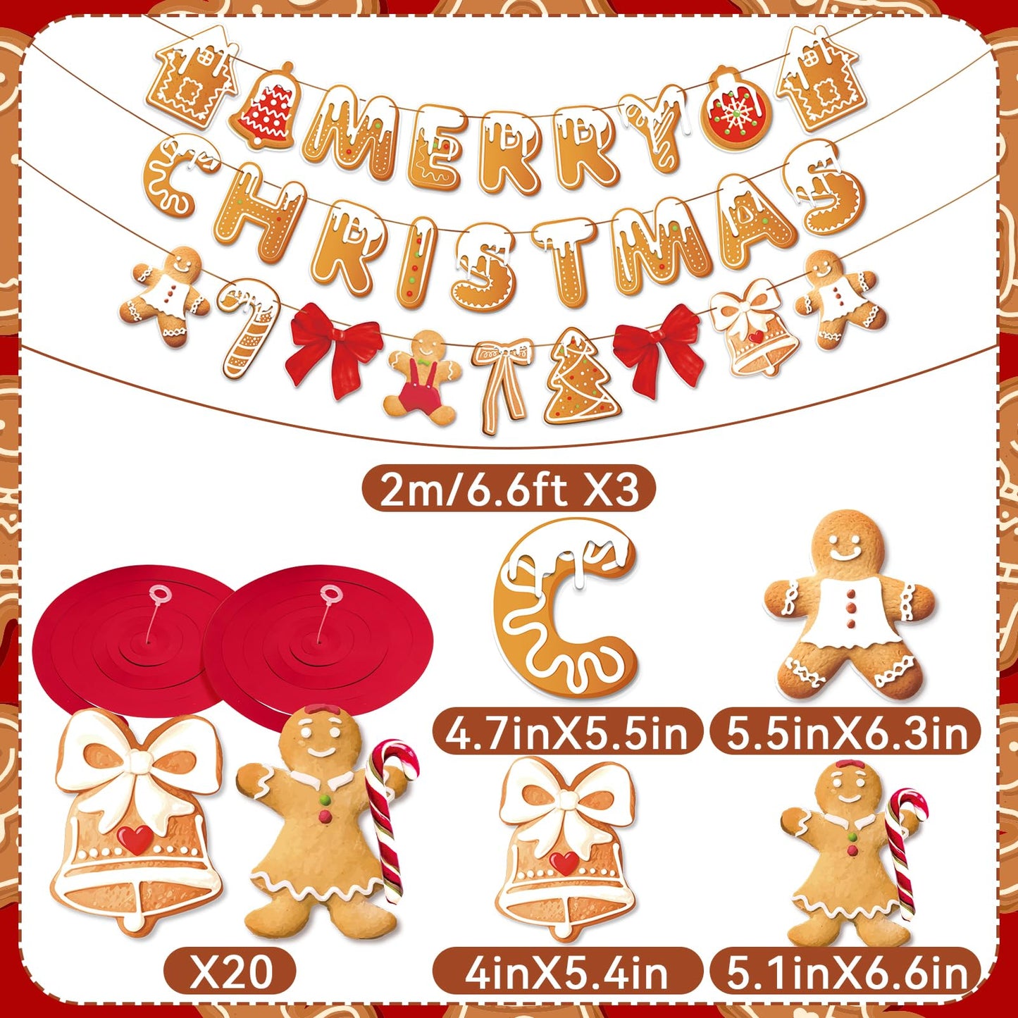 OBBOLO Merry Christmas Banners Gingerbread Theme, Pre-Strung Xmas Party Decorations, with 20 Pcs Gingerbread Men Hanging Swirls for Office Celebrations, School Events, Home Holiday Indoor Decor