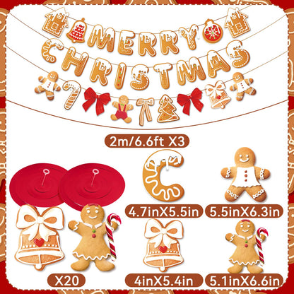 OBBOLO Merry Christmas Banners Gingerbread Theme, Pre-Strung Xmas Party Decorations, with 20 Pcs Gingerbread Men Hanging Swirls for Office Celebrations, School Events, Home Holiday Indoor Decor