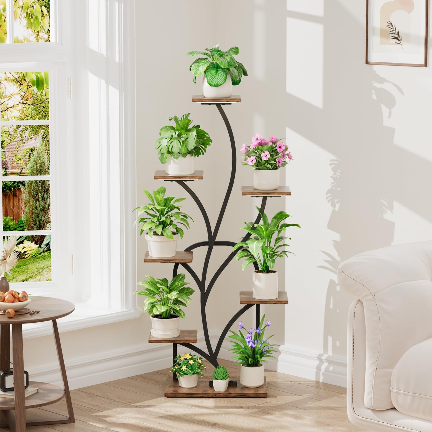 BEVAURORA Plant Stand Indoor with Grow Lights - 51" Tall Plant Stand, Corner Plant Shelf for Indoor Plants, 8 Tiered Lighted Flower Holder, Vase-shaped Plant Rack for Home, Black & Brown