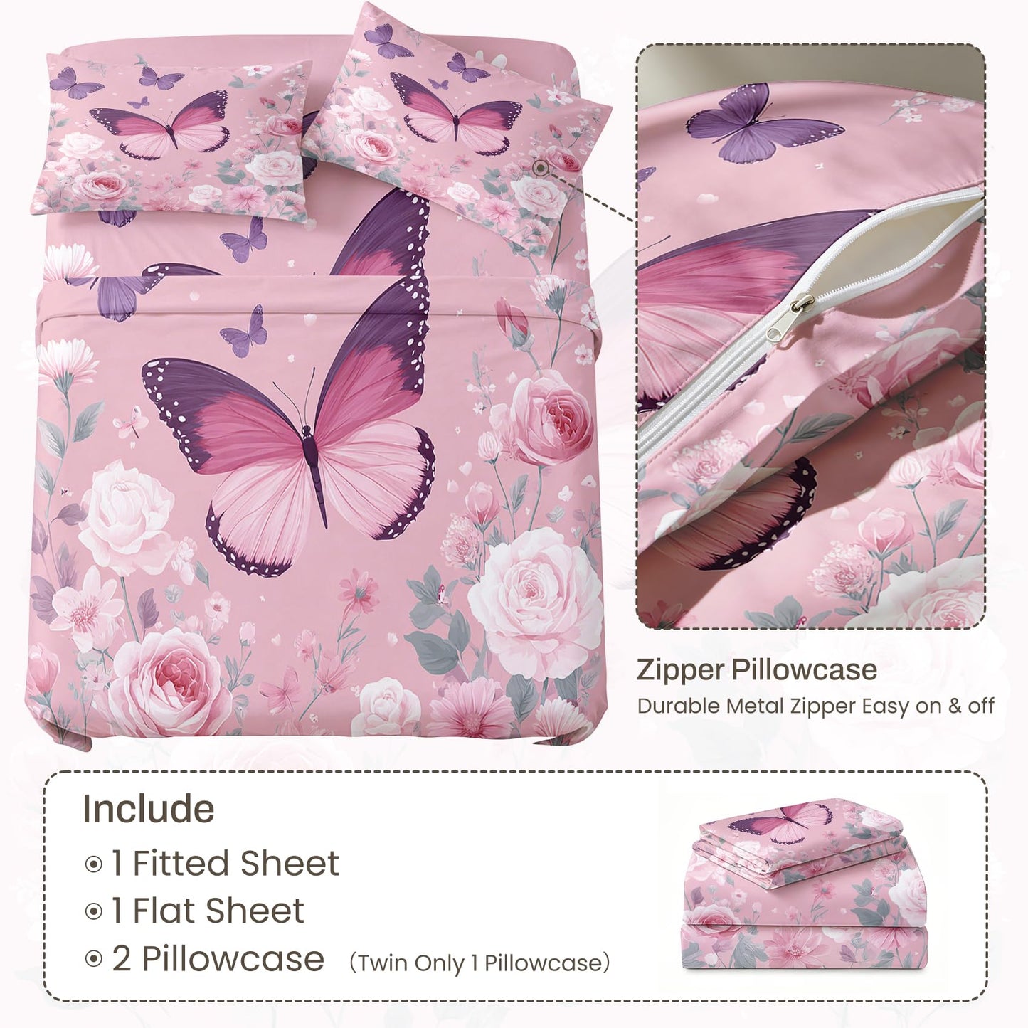 Pink Rose Bedding Set 4 Pcs Girls Butterfly Full Sheets