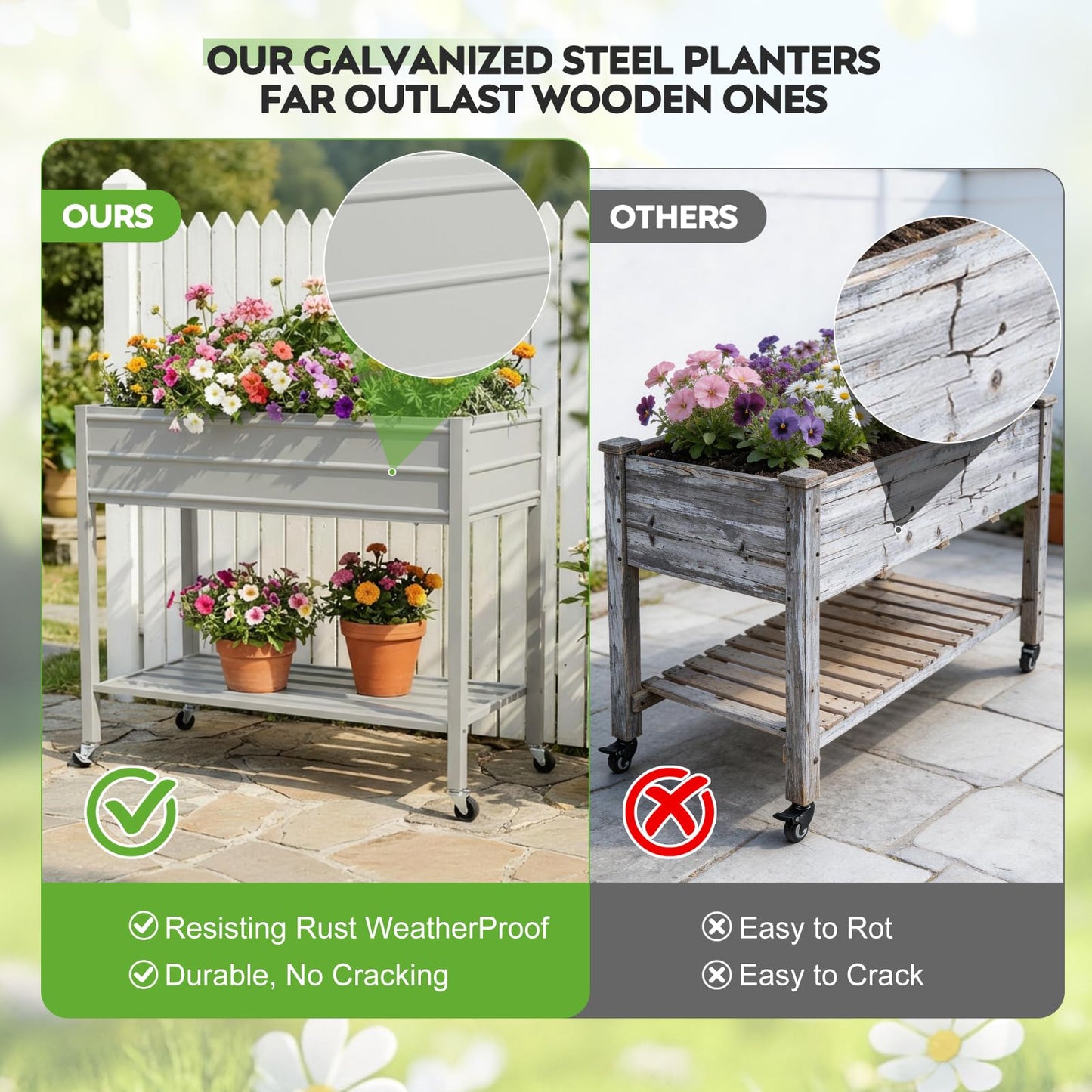 ZORMY 32" Tall Galvanized Raised Garden Bed with Legs Wheels & Shelf, Elevated Planter Box Outdoor for Vegetables, Herbs & Flowers, Patio & Backyard, Garden Bed with 400lb Capacity，Grey