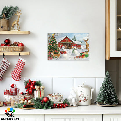 GUTTATY Christmas Canvas Wall Decor, Snowman Christmas Pictures Wall Art, Winter Farmhouse Pictures Prints, Deer Animal Pictures Posters Framed, Xmas Holiday Wall Decor for Living Room 18x24 Inch