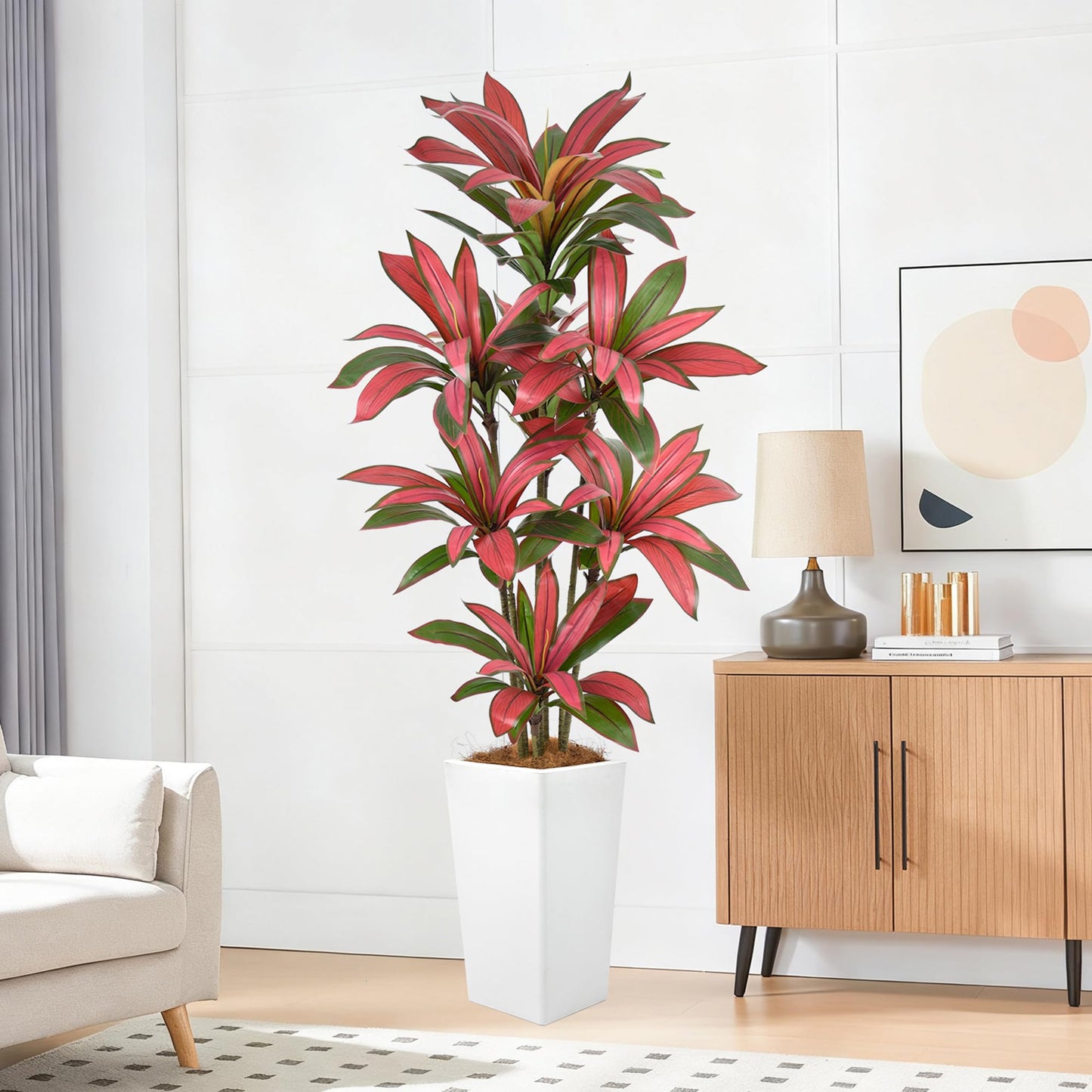 6FT Artificial Dracaena Tree - 72in Faux Dracaena Tree with White Planter, Realistic Trunk & Lifelike Red Foliages, Tall Fake Tropical Floor Plant Potted for Home Office Living Room Indoor Decor