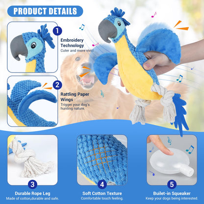 ROSAUI Dog Toys, Plush Squeaky Cockatoo Dog Toy - Interactive and Dental Cleaning Pet Chew Toy for All Breed Sizes Dog