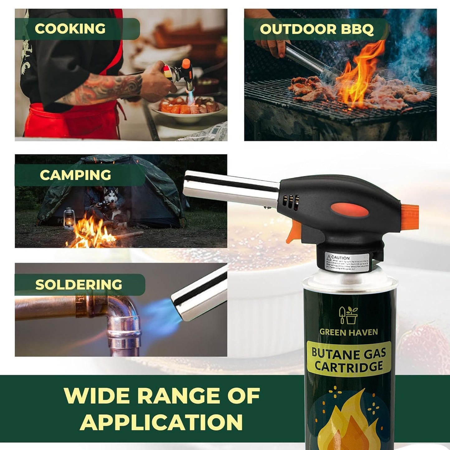 Green Haven Blow Torch for Cooking Attachment Head with 4 Gas - One-Handed Gas Torch with Adjustable Flame & Safety Lock, Fits All Butane Tanks, Ideal for Creme Brulee, Desserts, BBQ, Baking