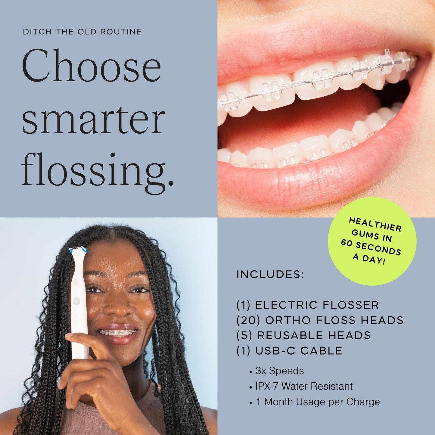Slate Electric Flosser - Starter Set | 3-in-1 Dentist-Invented with Reusable Floss Heads, Gum Brushes & Tongue Scraper | More Effective Than String or Water Floss