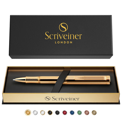 Scriveiner Heavy Gold Rollerball Pen, Award Winning Luxury Pocket Pen with gold plating Finish, German Schmidt Refill, Best EDC Writing Gift Set for Men & Women, Nice Fancy