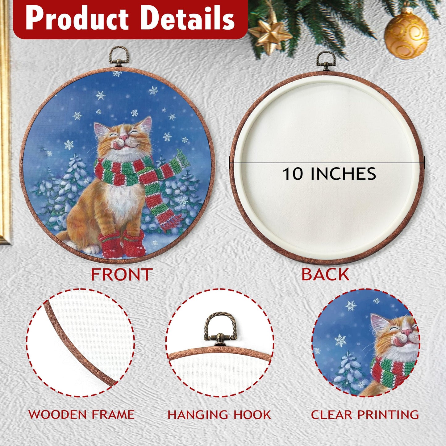 heiyihe Winter Round Cat Canvas Hanging Prints, 10x10 Inches Round Christmas Canvas Frame Wall Art Decor, Christmas Embroidery Kit Decor for Home Living Room, Gift Ideas for Family Friends-A11