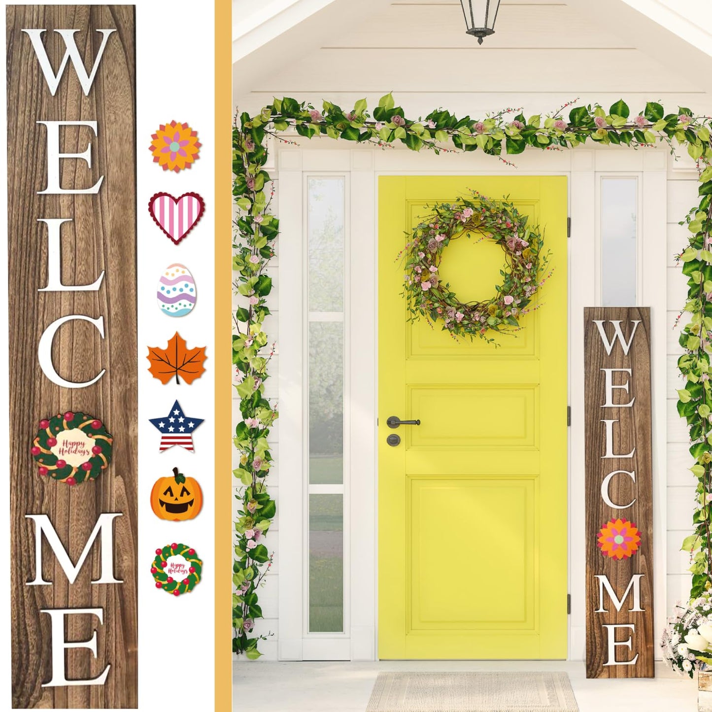 Extra Large 5FT Premium Wooden Interchangeable Welcome Sign for Front Door Porch Sign - 5 ft (58 x 11 Inch) 8 Magnetic Seasonal Tiles, Fall Porch Signs, Holidays and Seasons, Weather Resistance Standing welcome sign Outdoor and Indoor (Brown)