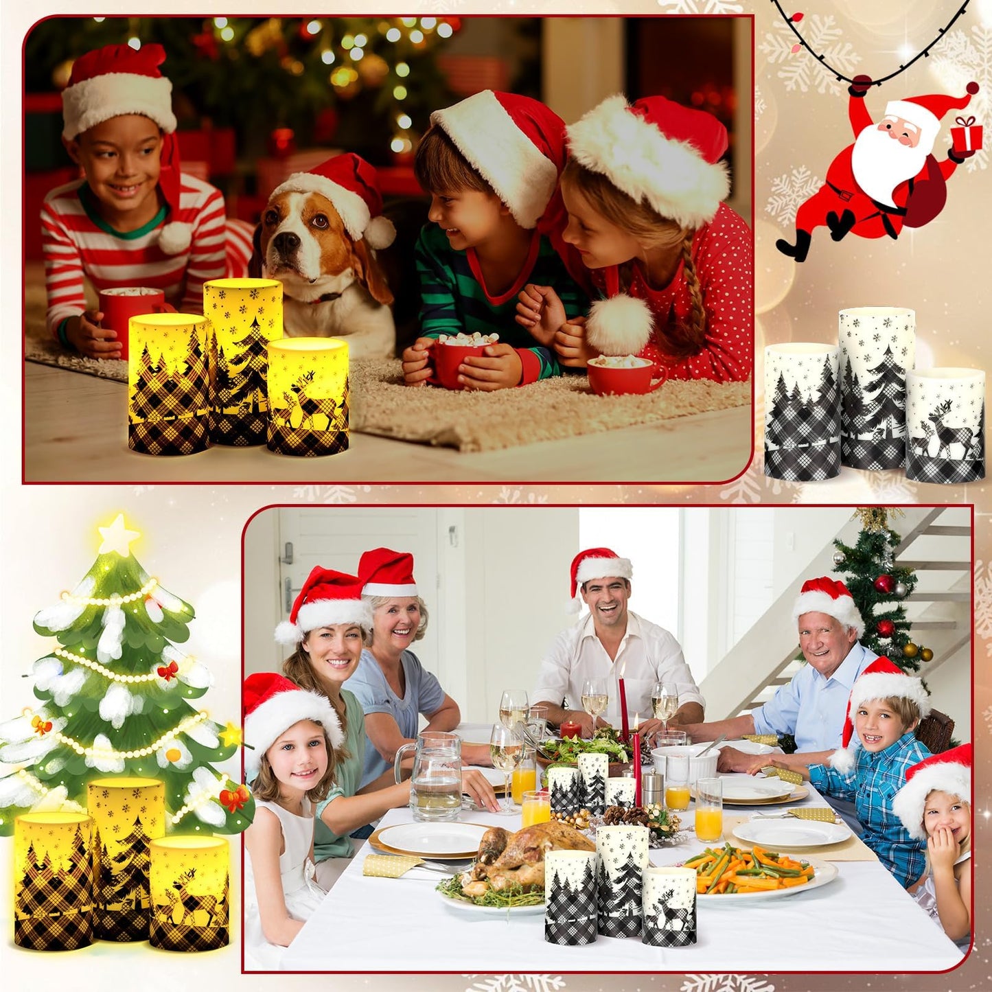 Lonfliness Black Buffalo Plaid Flameless Pillar Candles 3Pcs Christmas Flickering LED Pillar Battery Operated Candle with Remote Control Reindeer Candle Table Centerpiece for Winter Holiday Home Decor