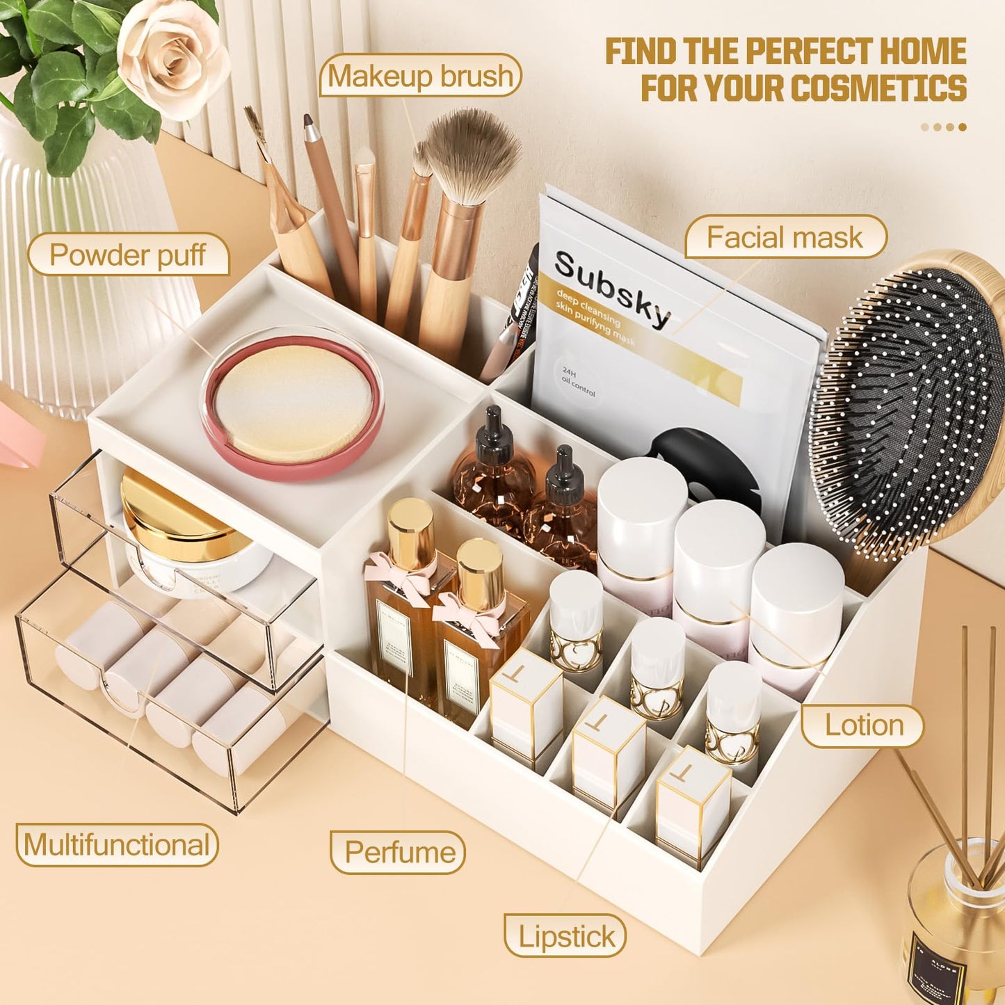 Subsky Makeup Organiser with Drawers, Make Up Storage Cosmetic Dressing Table Organiser Makeup Box with Drawerds for Dresser, Bedroom, Bathroom (White)