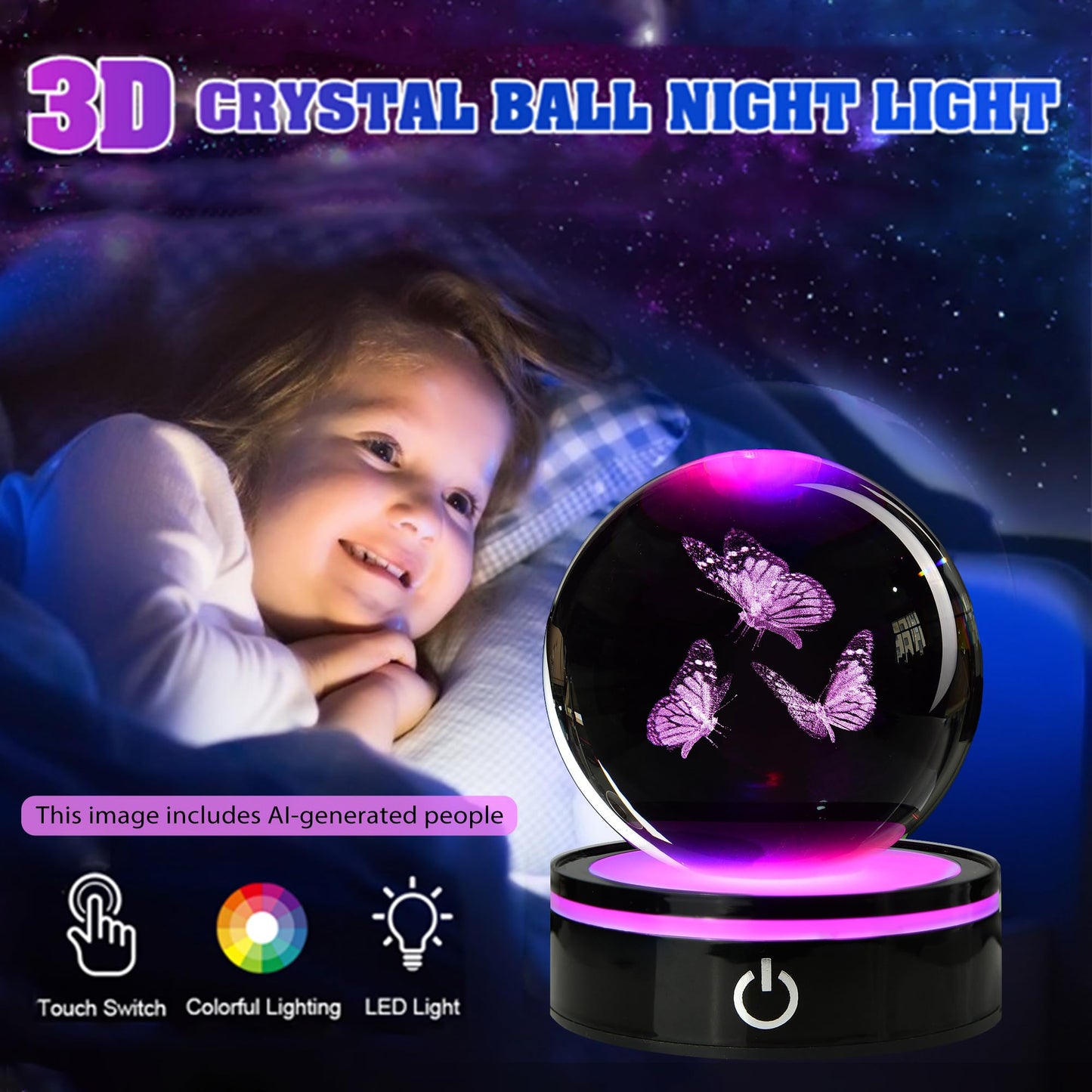QIANCHANG 3D Butterfly Crystal Ball with LED Stand, 80mm K9 Crystal Glass Sphere Night Light Lamp, Butterfly Figurines Collectibles Gifts for Women Girls Mom Kids