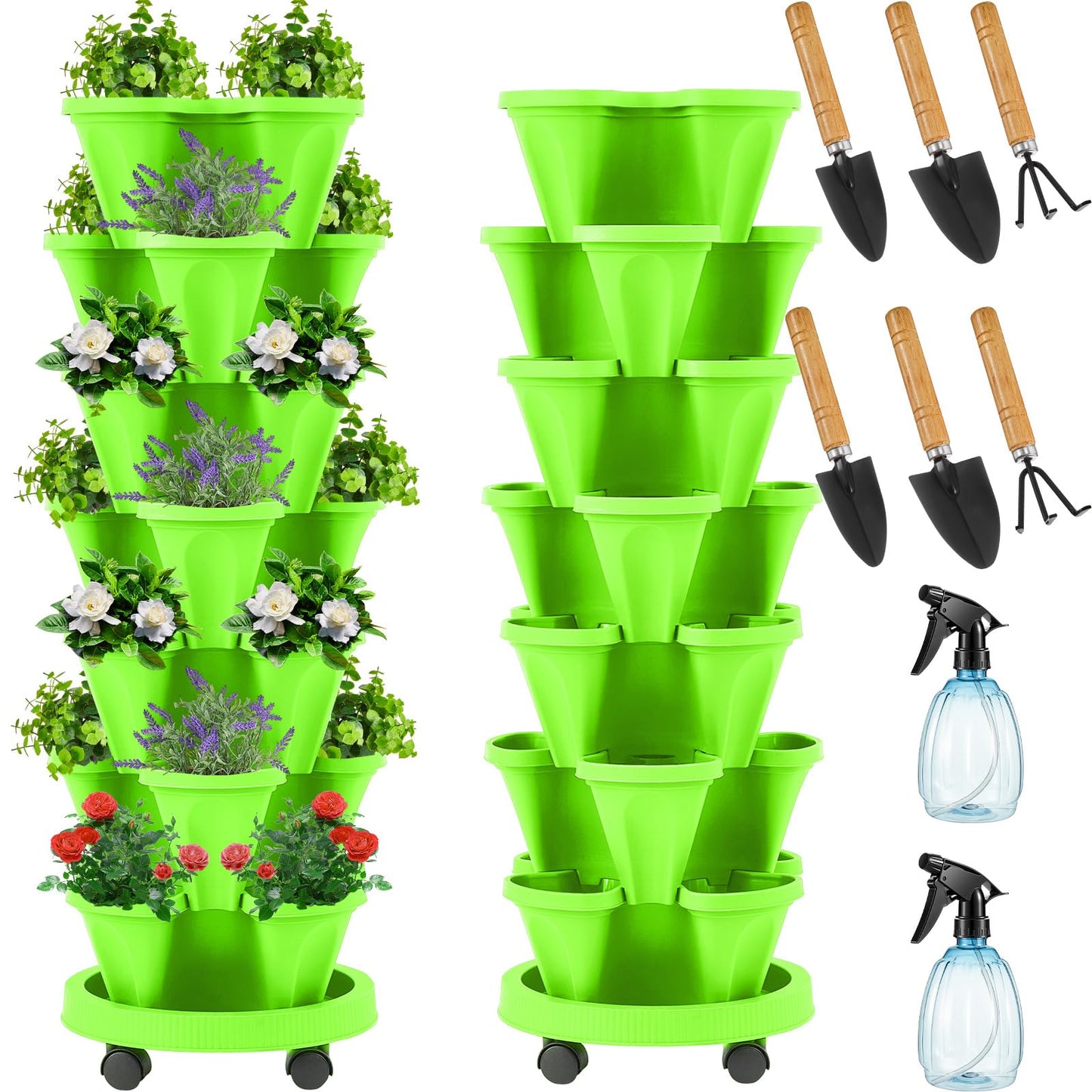 Umigy 2 Set of 7 Tier Vertical Planter Stackable Tower Planters Strawberry Herb Flower and Vegetable Pots Indoor Outdoor Gardening Pots with Removable Wheels and Tools(Light Green)