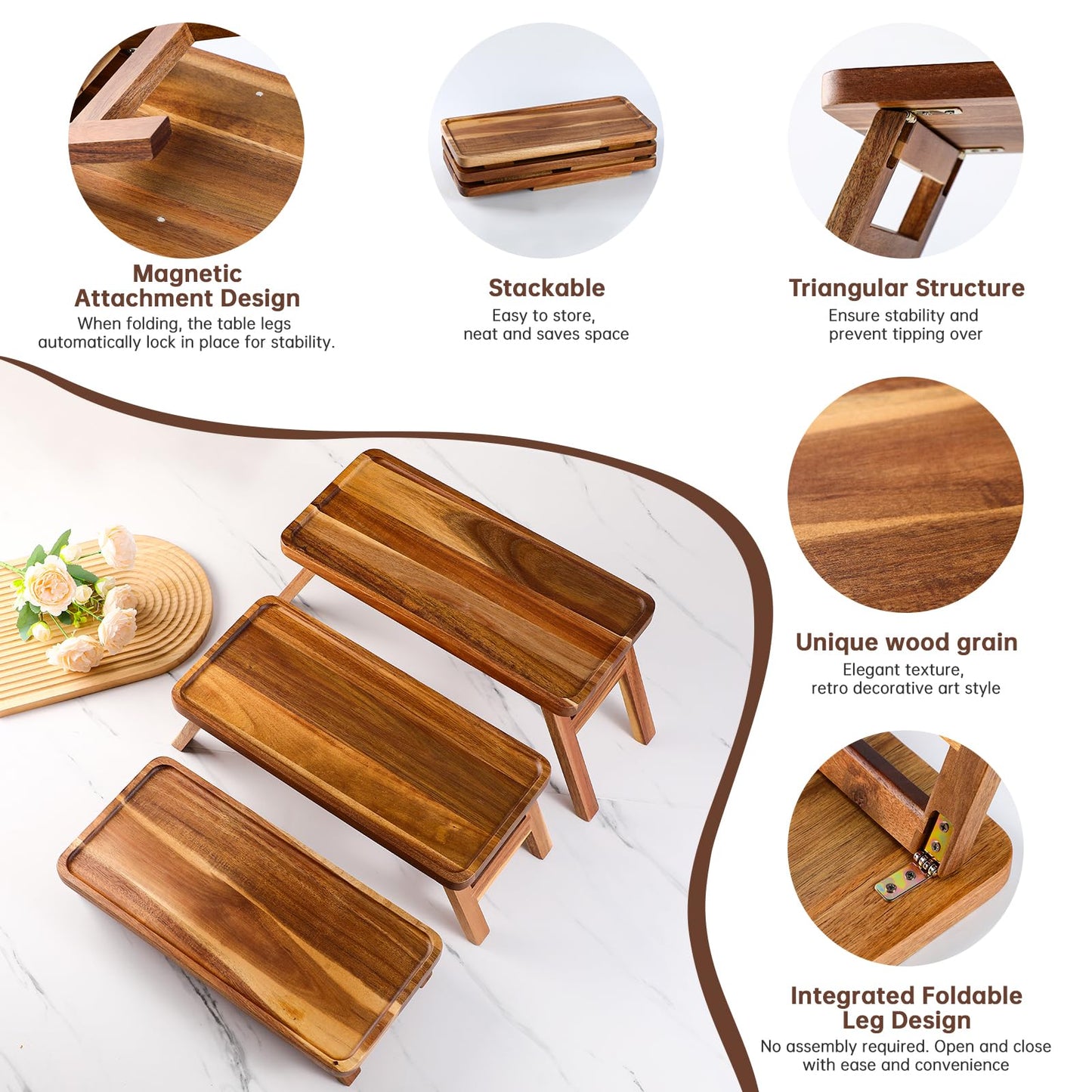 Tiered Serving Tray 17 Inch Acacia Wooden Cupcake Stand & Platters 3 Tiered Tray Foldable Dessert Table Display Set Decor for Party Charcuterie Boards for Birthday, Wedding, Christmas, Valentine's Day