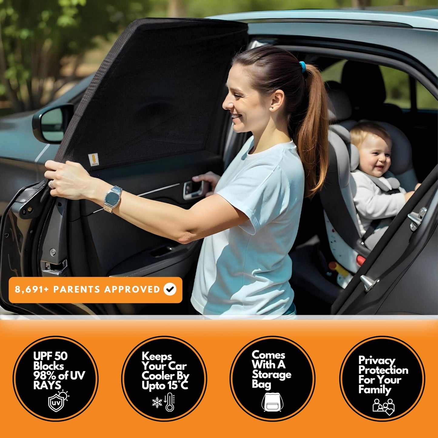 JELLYBABABABY Car Window Shades for Baby | Cooling UV Protector for Kids & Pets | 2-Pack Fits Almost Every Car | Sun Shade for Baby | Rear Side Window Tint | Stretchable & Breathable