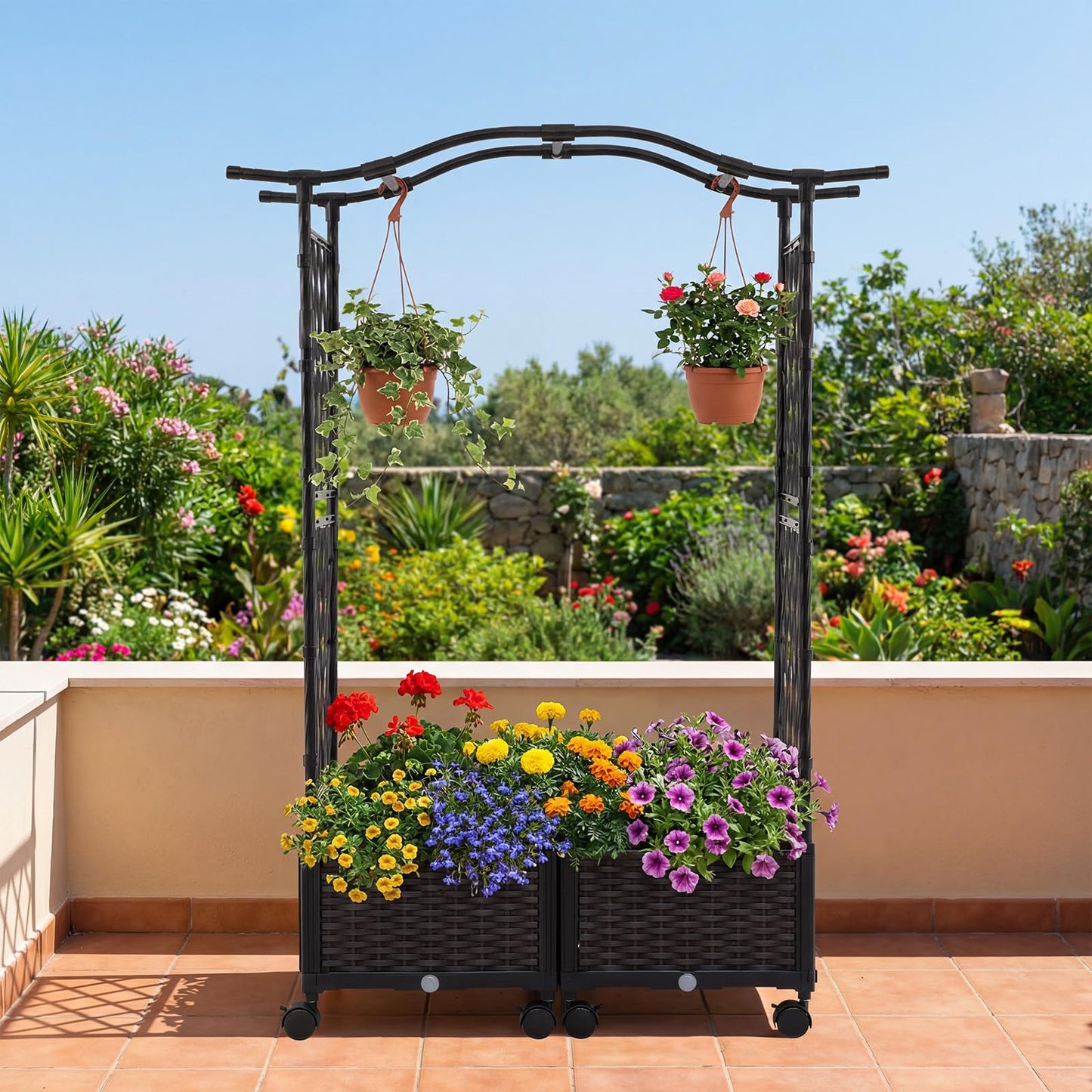 Giantex Planter Boxes with Arch Trellis, 5FT Self-Watering Tall Raised Garden Bed w/Wheels, Hanging Roof & Drainage Holes, Outdoor Indoor Tomato Planter for Climbing Vines Vegetables (60"x16"x58")