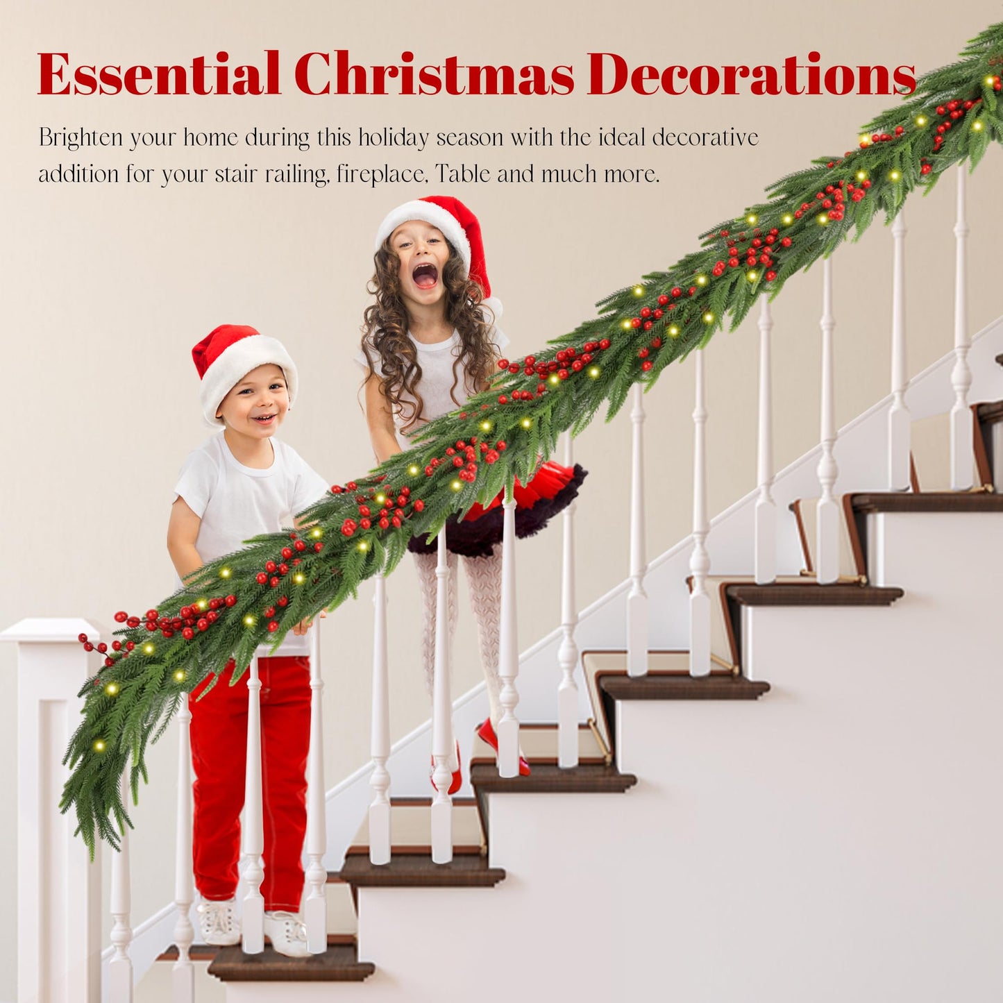 Christmas Norfolk Pine Garland,Real Touch Faux Winter Greenery Garland with Light for Stairs Table Fireplace Backdrop Wall,Christmas Holiday Seasonal Winter Decor (9ft)