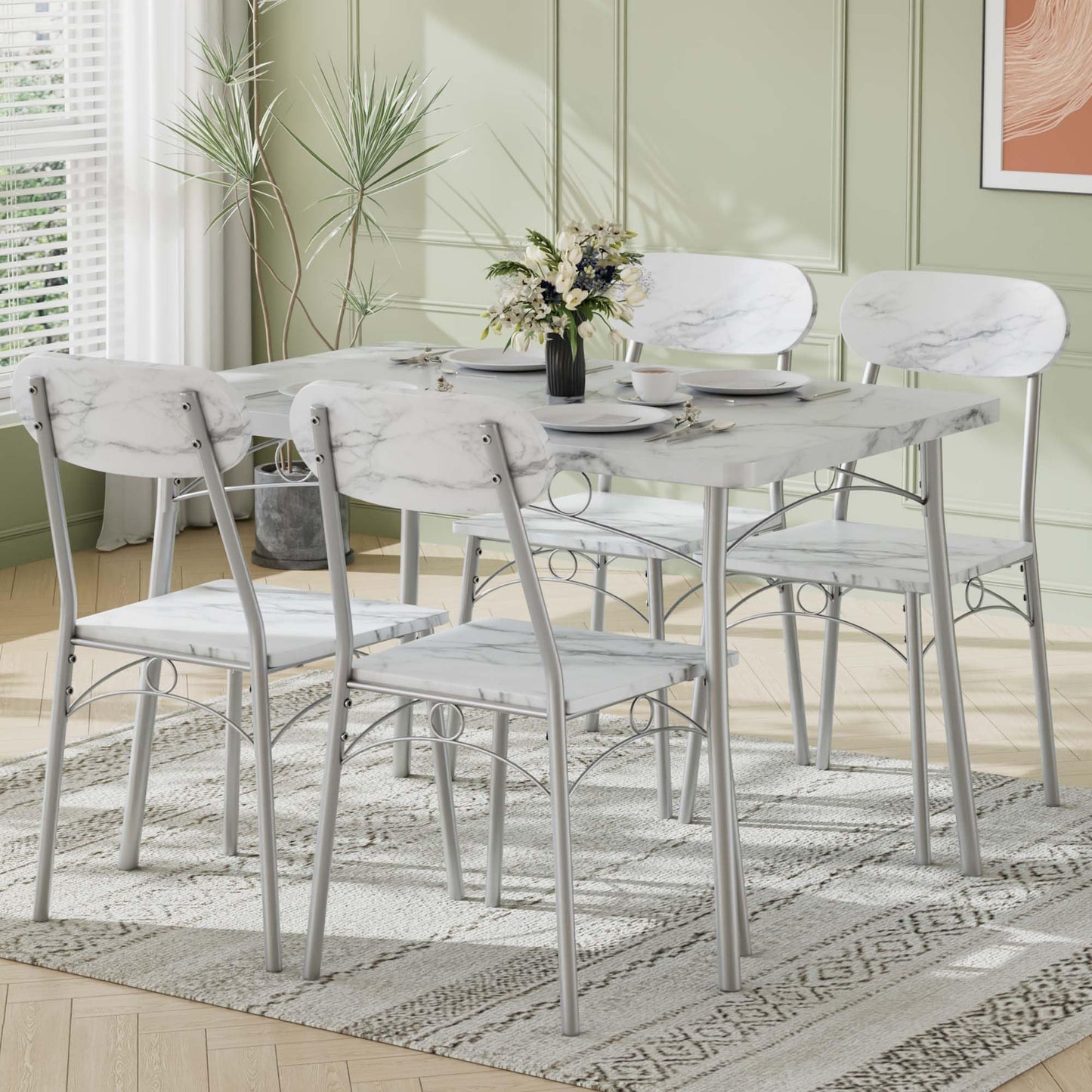 VECELO Dining Table Set for 4, 5-Piece Kitchen Table with 4 Chairs, MDF Board Tabletop with Metal Frame for Small Space, Compact Dinette, Breakfast Nook, Marble White