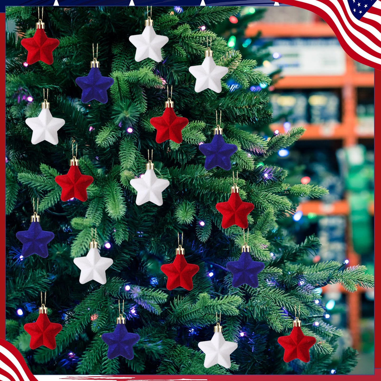 PullCrease 36 Pcs 4th of July Tree Decorations 1.18 Inch Red White Blue Star Ornaments Patriotic Hanging Star Shaped Ornaments for Independence Day 250th Anniversary Holiday Party Supplies