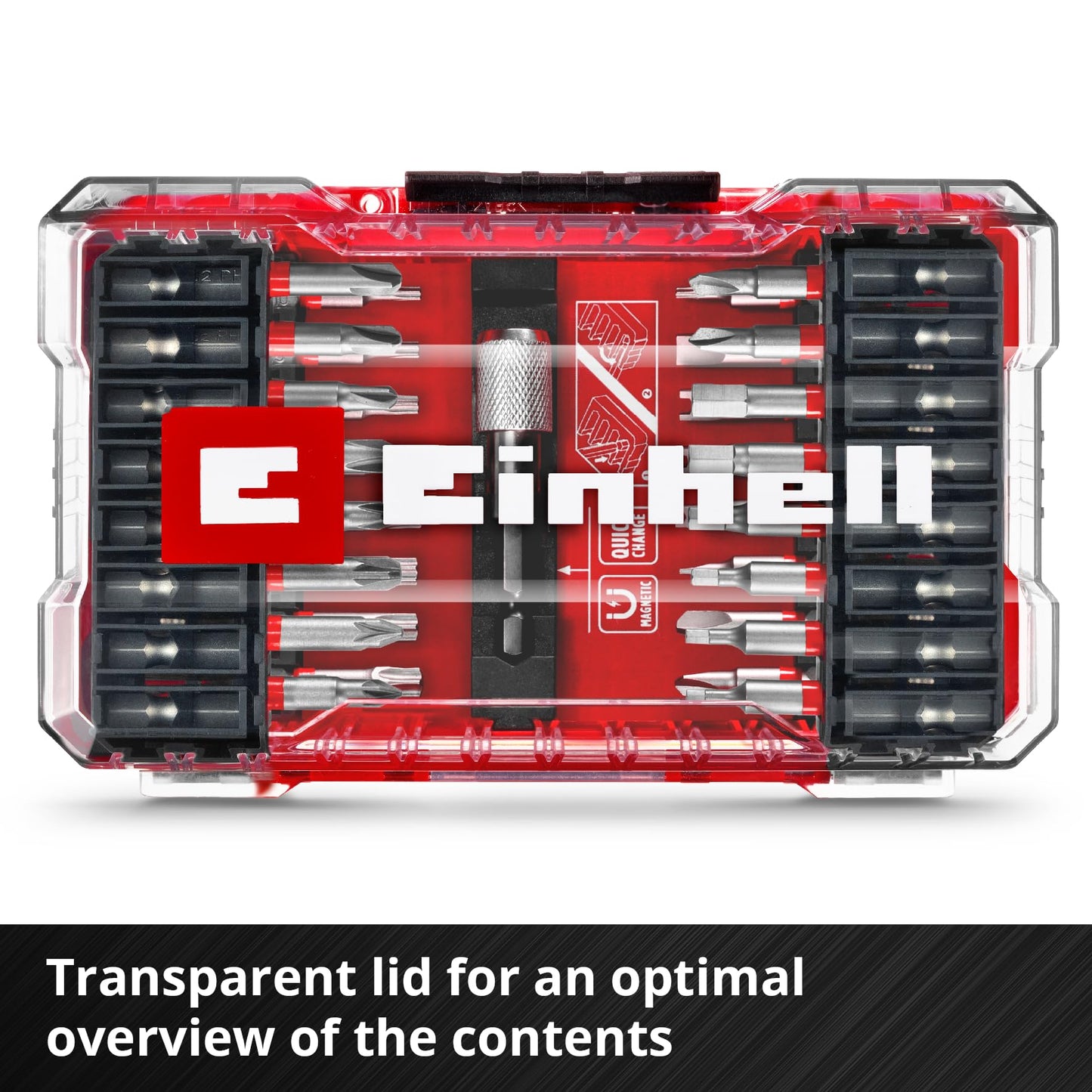 Original Einhell M-CASE 33-piece bit set (for cordless screwdrivers and power drills with 50 mm bits made of S2 steel, quick-change bit holder made of carbon steel incl. storage box)