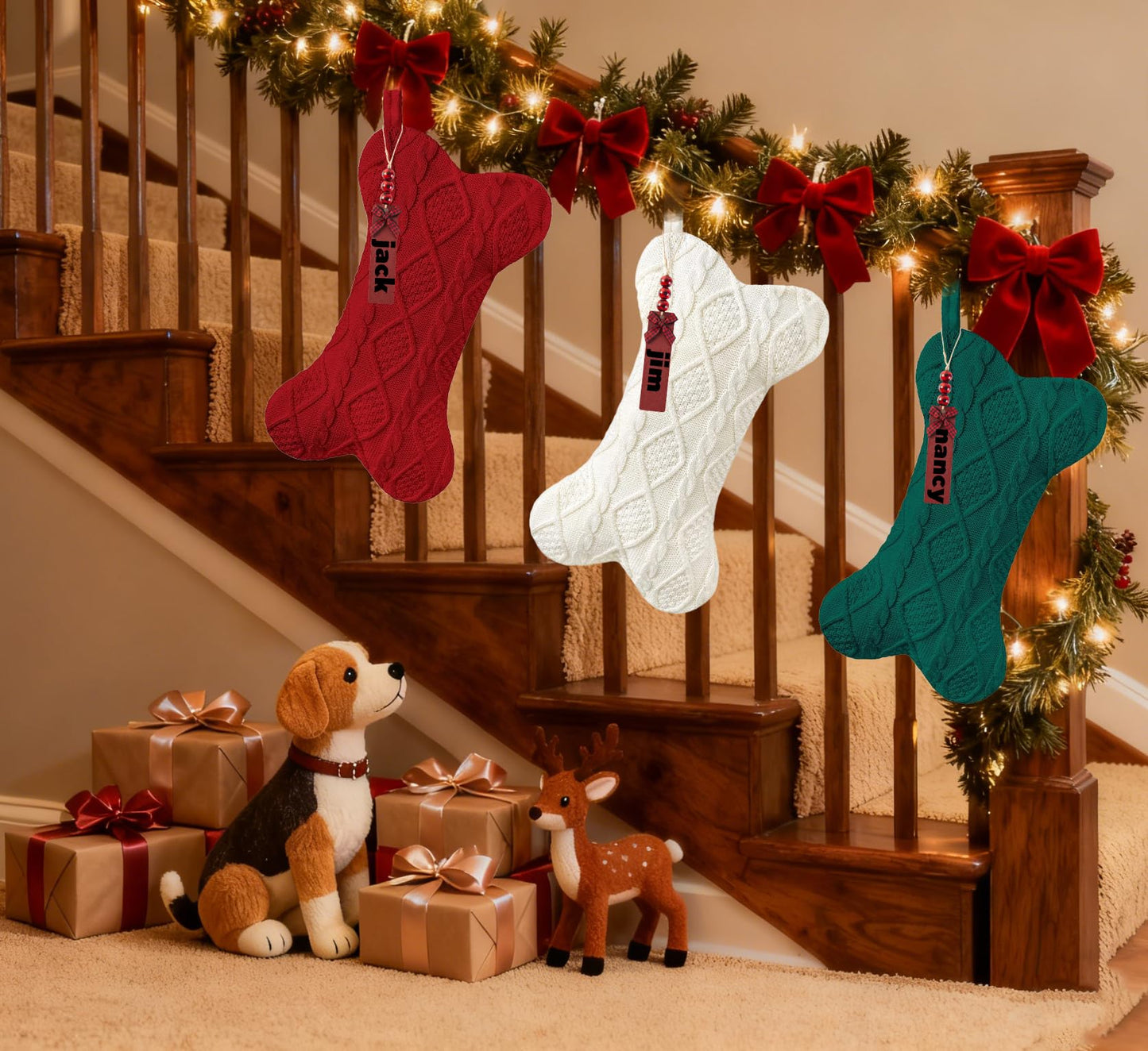 Galetcy Bone Shaped Dog Christmas Stockings, 3 Pack Cable Knit Xmas Stockings Personalized with Name Tag Hanging Pet Stockings for Dogs Cats