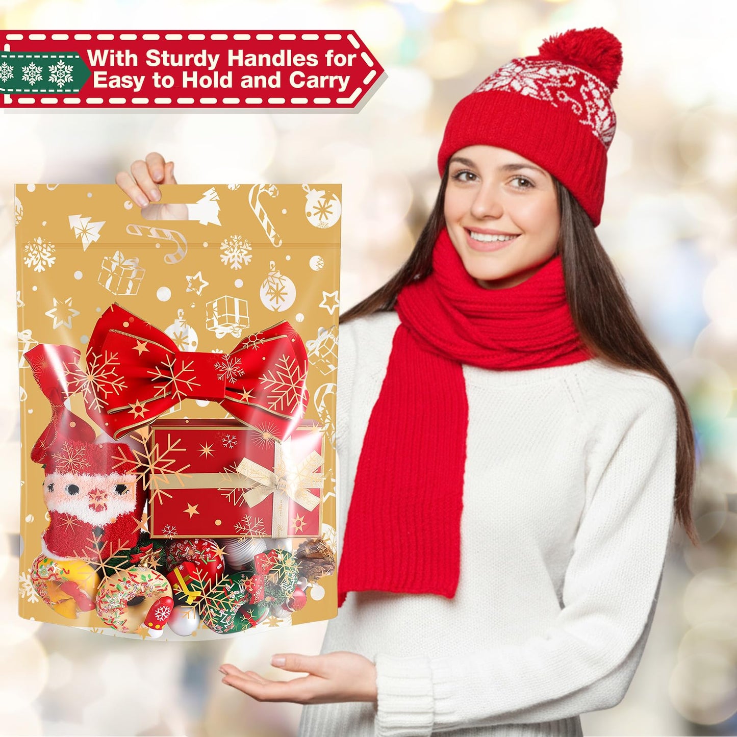 Fuutreo 10 Pcs Large Christmas Gift Bags 15.8x19.7 Inch Clear Christmas Plastic Bags Candy Cane Snowflake Treat Pouches with Handles for Winter Xmas Holiday Gift Candy Wrap Supplies Decoration