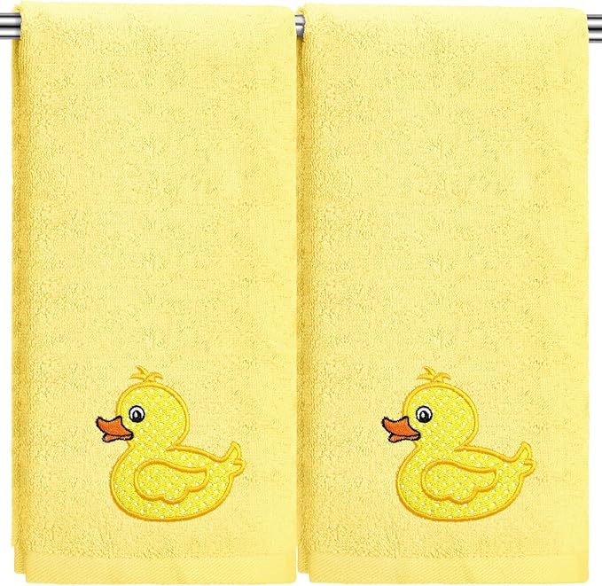 2 Pcs Rubber Ducky Hand Towels Yellow Bathroom Decor 14x29 Inch Embroidered