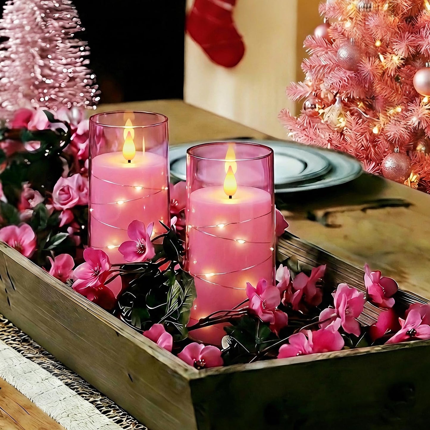 Homemory Flameless Pink Candles with Embedded Star String Fairy Lights, Battery Operated Candles, LED Candle, Fake Candles with Remote Control and Timer, Set of 2(H 6" 6")