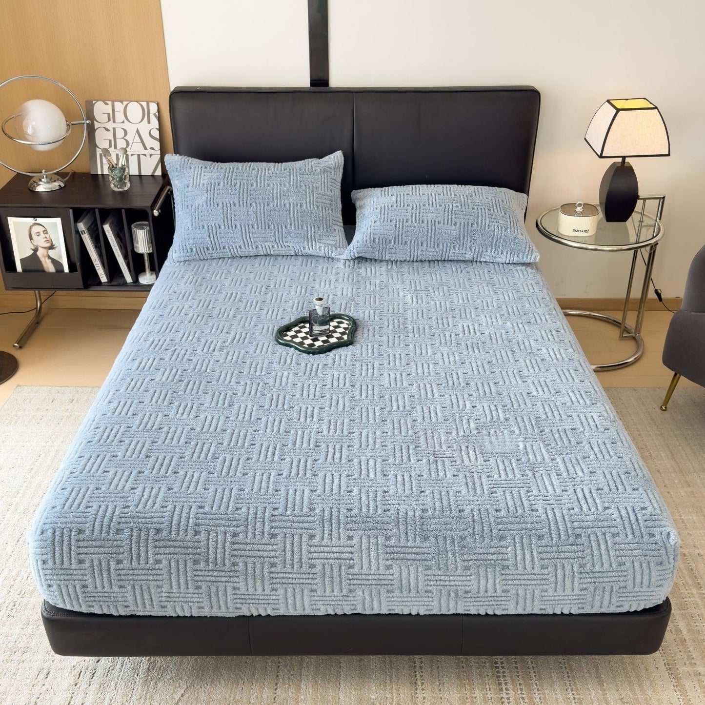 ZIQINPSQ Queen Size Flannel Fitted Sheet - 1 Piece Winter Warm Deep Pocket (15") Bed Sheet, Shrink & Fade Resistant, Hotel Quality, Light Steel Blue
