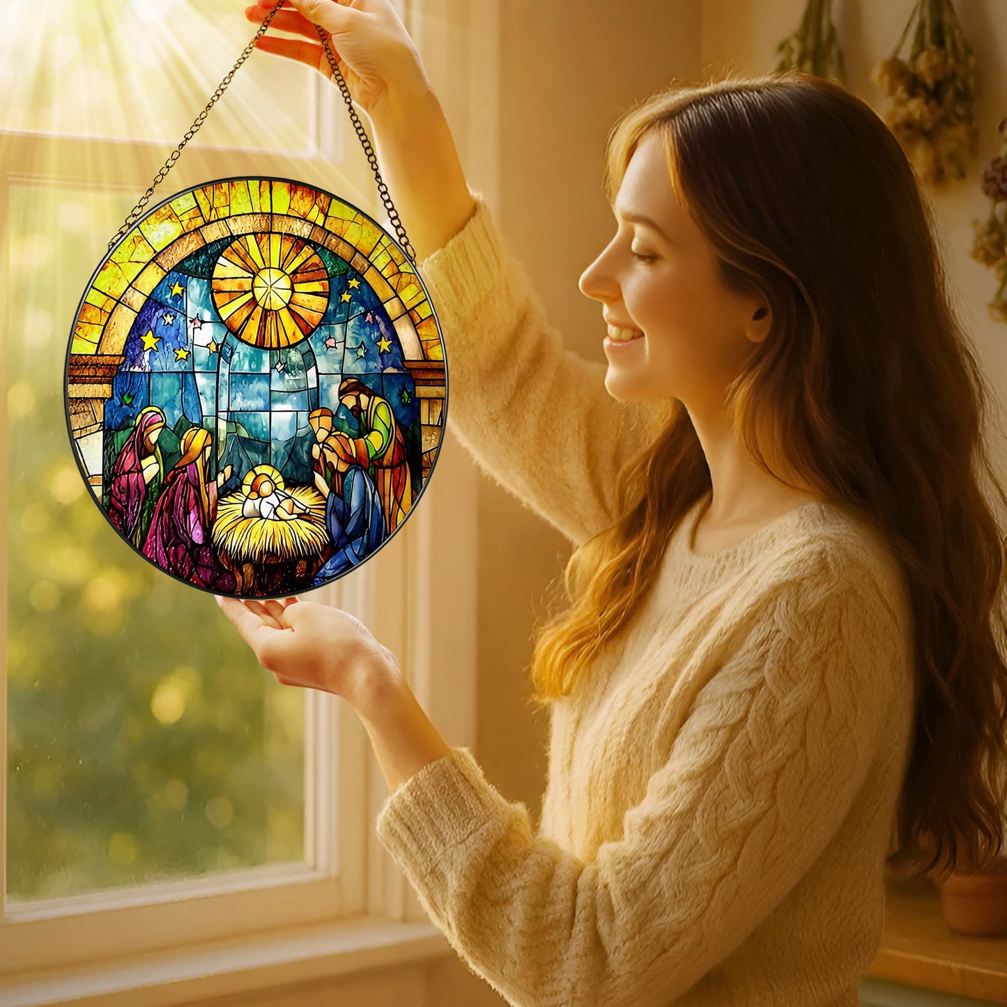 LAOWEIKI 8'' Stained Glass Window Hanging, Nativity Scene Ornament, Christian Christmas Ornament, Holy Family Decoration, Religious Decor, Gift for Christmas, Religious Gifts, Christian Gifts