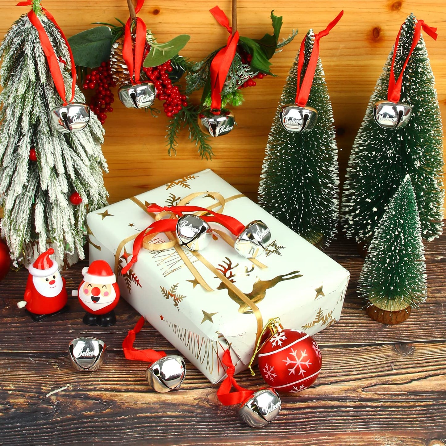 FOIMAS 12pcs 1.6 Inch Believe Bell Ornament Metal Christmas Sleigh Bells with Red Ribbon for Christmas Tree Holiday Decoration,Silver
