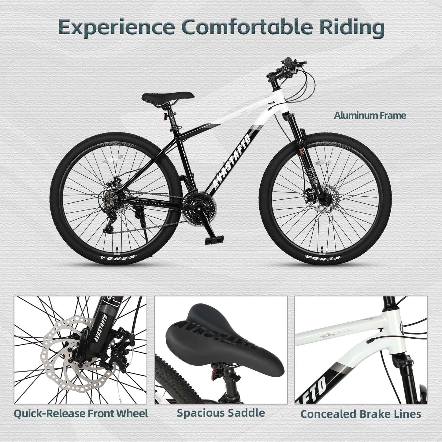 AVASTA 27.5-inch Mountain Bike for Man Male and Woman Female Adult with Lightweight Aluminum Alloy Frame and Dual Disc Brakes,Front Suspension,21-Speed Gear Shifters,Hidden Brake Cables,Color White