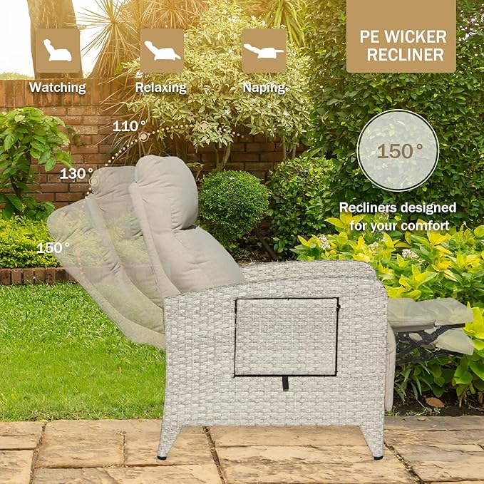 Upgraded Outdoor Recliner Chair, Reclining Patio Chairs with Adjustable Back up to 150°Lay Flat and Extended Footrest, Wicker Recliner Chairs with Flip Table and Removable Olefin Cushion