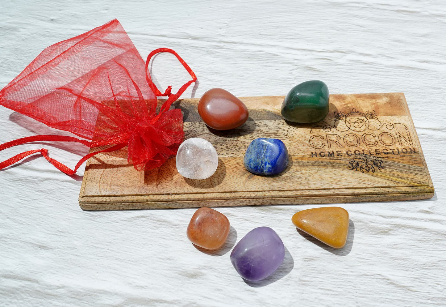 Crocon® 7 Chakra Tree of Life Crystal with Seven Chakra Tumbles, Wooden Decor Base Tray, Handmade Gemstone Birthday Gifts for Women Men Friends Crystal Decorations, Spiritual Gifts, Feng Shui Decor