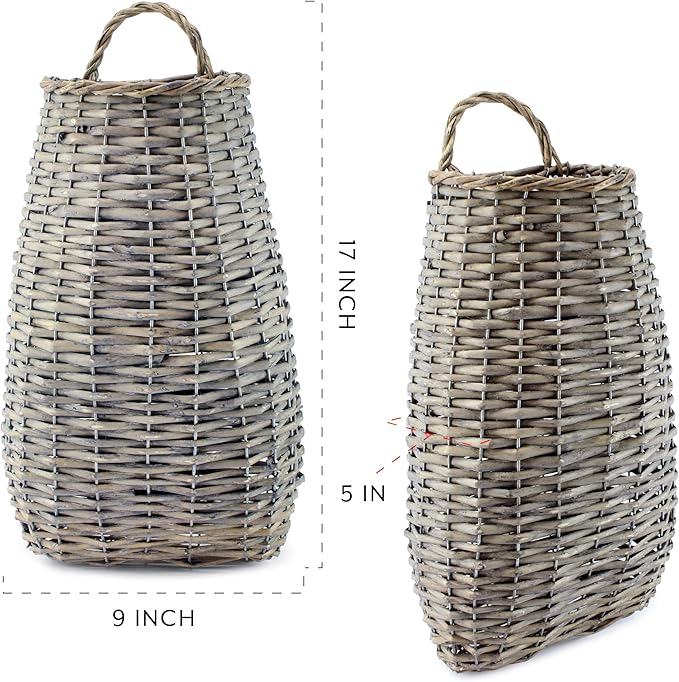 AuldHome Design Wall Hanging Pocket Basket; Woven Wicker Rustic Farmhouse Gray