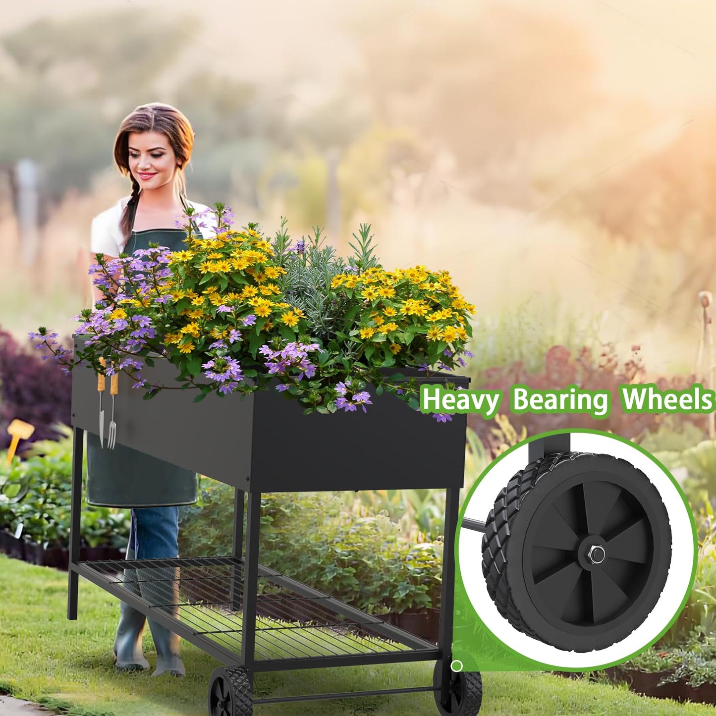 JWPEHOE 51 × 26 × 31.5 Inches Raised Garden Bed with Legs/Storage Shelf, Mobile Planter Box for Outdoor Plants, Elevated Garden Bed for Backyard, Balcony, Black