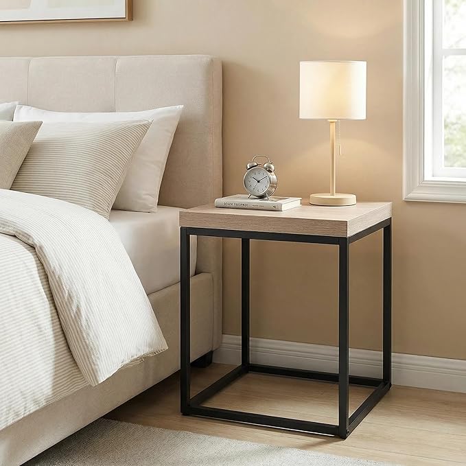 CENSI Modern Square End Table, Extra Thick 1.6" Wood Top & Metal Frame