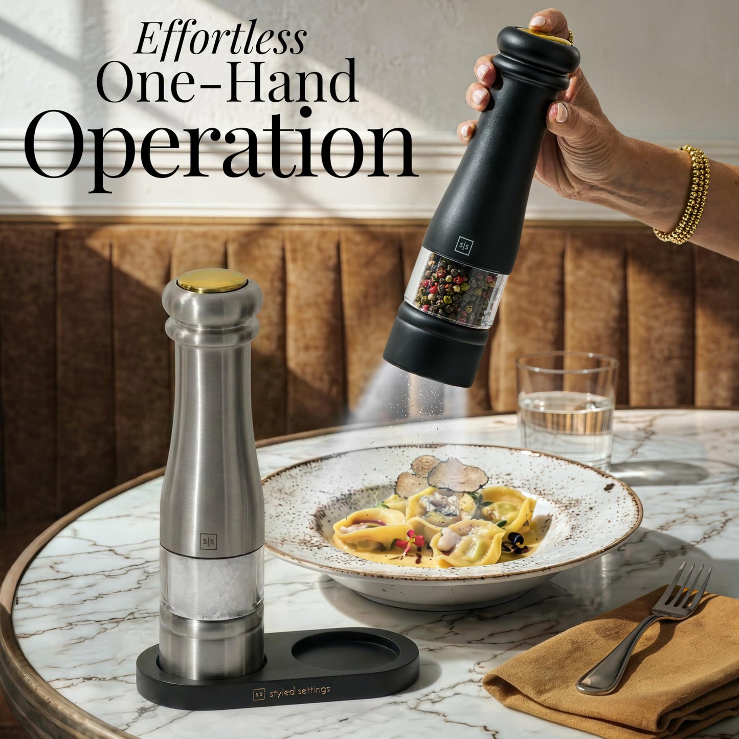 Electric Salt and Pepper Grinder Set - Styled Settings Electric Salt and Pepper Shakers, Automatic Stainless Steel Set with LED Light, Battery Operated, Adjustable Coarseness, Wood Base