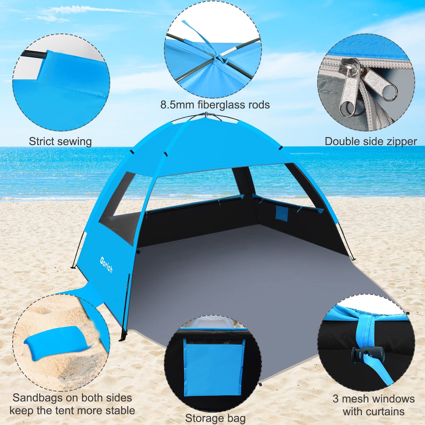Gorich Beach Tent for 4 People + Beach Tent Poles for Replacement (4 People, Dark Shelter)